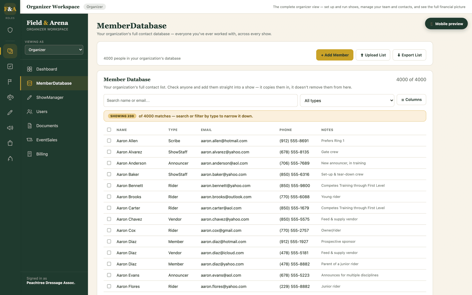 Member database showing thousands of searchable organization contacts